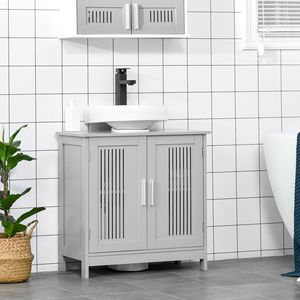 Mobile Bagno Smart con 2 Ante, Struttura in Legno Massello e Ripiani Regolabili - Design Sottolavabo, Finitura Grigia - Product Image 2