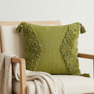 Green Tufted Chair Pillow <b>Cover</b> Cotton Designer 18x18 With Tassel Zippper Closure Type Handloom Tufted Luxury Cushion <b>Cover</b> - Product Image 1