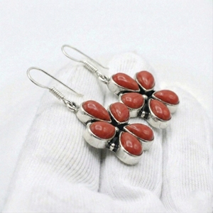 Bezel Setting Handmade Fine <b>Silver</b> <b>Earrings</b> Red Coral Gemstone Floral Drops <b>Solid</b> 925 <b>Silver</b> Dangle <b>Earrings</b> For Women - Product Image 3