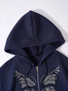 Sudadera con capucha y cremallera de estilo urbano con pedrería de mariposa, extragrande, con gráfico gótico de cristal y diamantes, unisex, estilo punk, para descansar, tallas grandes - Product Image 5