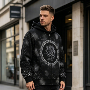 Men's <b>Black</b> <b>Zip</b>-<b>Up</b> <b>Hoodie</b> With Rose Print Sublimation Design Streetwear Style Regular Fit Knitted Polyester Autumn Wear - Product Image 1
