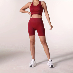 Custom <b>Hot</b> <b>Red</b> Shoulder Cutout Ribbed Crop Top and Biker Shorts Set for Women Gym High Quality Stretchy Knit Fabric - Product Image 1