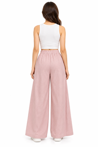 Pantalon Palazzo Plissé Rose Poudré Décontracté d'Été Respirant à Jambes Larges Taille Haute pour Femme avec Poches – Vente en Gros - Product Image 2