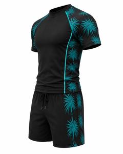 Conjunto de Rash Guard para Hombre Más Vendido, Negro, de Spandex Transpirable de Secado Rápido, con Estampado de Palmeras Teal, Top de Manga Larga y Pantalones Cortos para Ropa Deportiva - Product Image 3