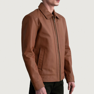 Men's <b>Brown</b> Genuine <b>Leather</b> Zip Front Bomber <b>Jacket</b> Turn-down Collar Casual Style Autumn Wear - Product Image 3