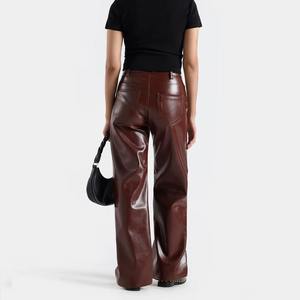 Factory Price Women's Faux Leather Pants Customized Design High Waisted Straight Wide Leg Leather Pants - Product Image 3