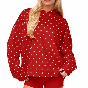 Haut décontracté en molleton de coton à pois marron pour femme, coupe oversize à épaules tombantes, style streetwear, vente en gros - Product Image 5
