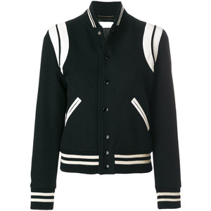 Chaqueta Varsity Negra Unisex con Rayas Blancas, Cuello Alto de Poliéster Tejido, Estilo Casual para Otoño, Corte Regular - Product Image 4