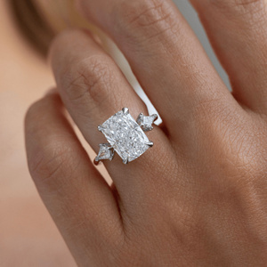 3ct Elongated Cushion Cut Lab Grown Diamond Three <b>Stone</b> Wedding Engagement <b>Ring</b> 18K <b>Two</b> Tone Gold Kite Cut Side Stones IGI - Product Image 5