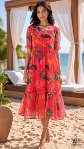 Kurtis midi de rayón con estampado floral verde para mujer, vestido informal holgado de verano, estilo indio pakistaní, ropa de fiesta, kurtis con estampado floral. - Product Image 4