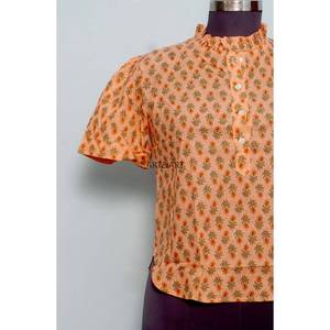 Chemisier d'été décontracté à col mandarin et manches courtes, coupe classique, imprimé floral vintage, 100 % coton lavable, touche féminine - Product Image 2