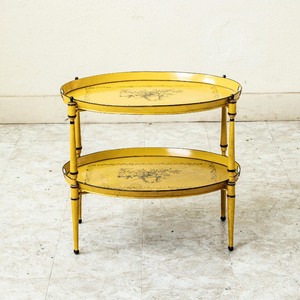 Oval Metal Coffee <b>Tray</b> Table with Floral Pattern Gold-Plated Mid Century Modern Design Two-Tier Handle Function - Product Image 1