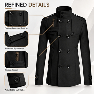 <b>Men's</b> Double Breasted Wool Overcoat Stand Collar Epaulets Long Slim Fit <b>Trench</b> <b>Coat</b> - Product Image 6