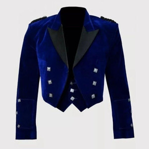 Hot Men’s Scottish Blue Velvet Prince Charlie Jacket with 5-Button <b>Vest</b> Jacket - Product Image 1