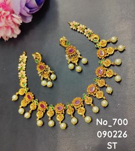 <b>Brass</b> Gold Plated Temple <b>Jewellery</b> Set with Stones & Pearl Drops Bridal Ethnic Party Anniversary Necklace Set - Product Image 5