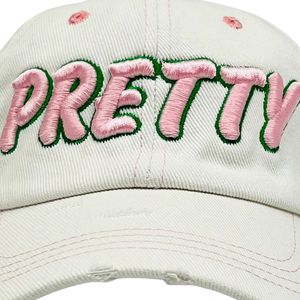 White Distress Denim Baseball <b>Cap</b> with Pink Embroidered Letter Design Adjustable Casual <b>Vintage</b> Unisex Outdoor Fashion Hat Wear - Product Image 2