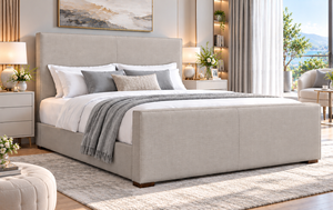 Modern Gray Upholstered <b>Platform</b> <b>Bed</b> Fabric Headboard <b>Wood</b> Legs Full Size Minimalist Luxury Design Bedroom Set 1 Year Warranty - Product Image 4