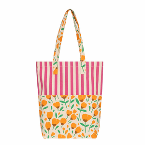 <b>Canvas</b> Shopping Bag Large Size Pink Striped Orange Floral Pattern Shoulder Handle for Groceries - Product Image 3