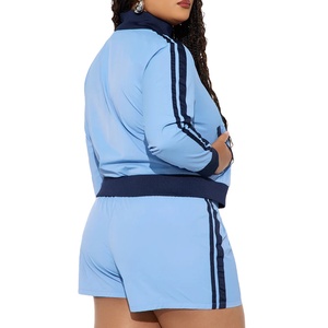 Ensemble de shorts sportifs 2 pièces pour femme avec accents bleu marine et bandes latérales, coupe classique, pour le printemps et l'été - Product Image 2