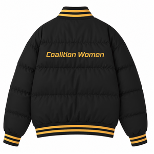 Custom NCBW Coalition Puffer jacket embroidered logo on front <b>black</b> and gold color full sleeve jacket for female - Product Image 3