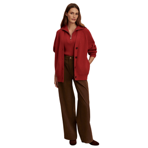 Women Knit <b>Cardigan</b> Red Casual Long Sleeve Half Zip Button Down Winter Top Selling Fashion Lady Ribbed Sweater Outerwear Coat - Product Image 5