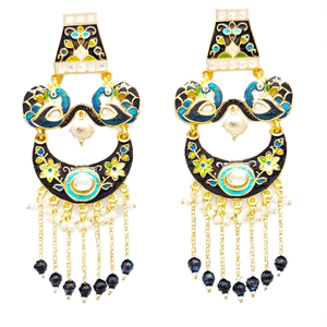 Kundan Style Black Enameled Designer Long Chandelier Earrings with Turquoise and Zircon - Product Image 2