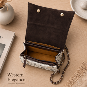 Sac bandoulière artisanal en cuir de vachette à poils, style western, motif floral, avec chaîne, pochette vintage pour usage quotidien - Product Image 4