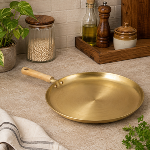 Premium Brass Tawa with Wooden <b>Handle</b> Traditional Indian Flat Fry <b>Pan</b> Heavy Duty Kitchen Cookware for Roti Dosa Cooking - Product Image 2