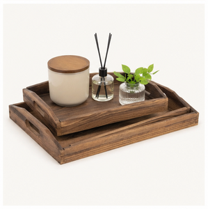 Handcrafted Rustic Dark Brown Wooden Serving Tray <b>Set</b> Of 2 <b>Nesting</b> Rectangular Wood Platters With Cutout Handles <b>Coffee</b> <b>Table</b> - Product Image 4