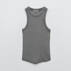 Débardeur côtelé gris pour femme, col rond, décontracté, court, respirant, mélange de coton, rubans écologiques, style hip-hop - Product Image 5