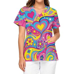 Women Teal Scrub Top Short Sleeve V-Neck Heart Print Stethoscope Design Pockets Hospital Uniform Blouse Needle Detection - Product Image 6