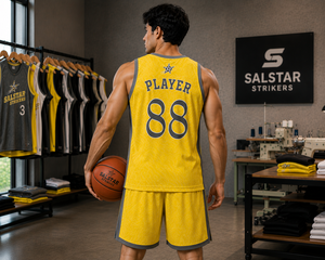 Maillot de basket-ball personnalisé pour homme, en maille, avec fermeture à pression, séchage rapide, polyester, sublimation, impression jaune, col en V, très vendu - Product Image 2