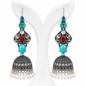 Pendientes de Plata Oxidada con Piedras Multicolores de Latón al por Mayor para Mujer, Estilo Vintage |   Boho Tribal Hecho a Mano para Fiesta |   Proveedor Directo de Fábrica - Product Image 6