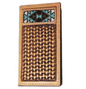 Elegante estilo bohemio con cuentas Western Long Wallet Durable Brown Tooled Floral Cuero genuino con cremallera Bolso de mensajero para mujer - Product Image 1