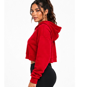 OEM Custom Design <b>Women</b> Cropped Hoodie <b>Red</b> Solid Color Long Sleeve Hooded <b>Sweatshirt</b> Casual Autumn Wear Breathable Hoodie - Product Image 5