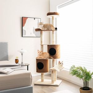 Albero di gatto in legno a 6 livelli con 2 piattaforme di condomini rimovibili e Scratcher di gatto - Product Image 1