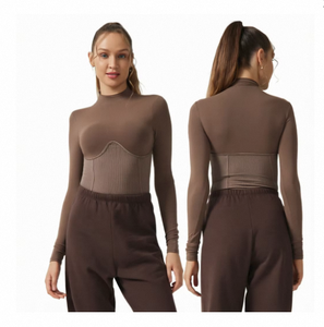 Camiseta de Yoga de Manga Larga con Cuello Alto para Mujer, Ajustada, Acanalada, Sin Costuras, Ligera, de Spandex, para Deportes, Pilates y Gimnasio - Product Image 1