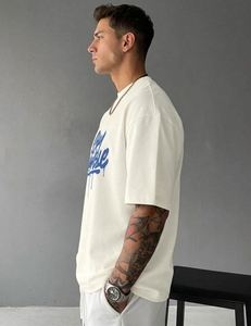 Men's Oversized <b>White</b> <b>T</b>-<b>Shirt</b> Short Sleeve O-Neck Street Style Jersey Cotton Printed Letter Design Front Dripping Pattern - Product Image 3