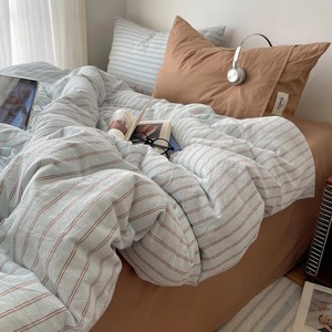 Parure de lit rayée bleue en gaze de coton, 4 pièces, respirante et douce pour la maison - Product Image 3