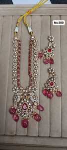 Elegant Gold Plated Long Kundan <b>Ruby</b> <b>Necklace</b> Set With Imitation Pearl Beads Flower Design For Women Wedding Jewelry No.500 - Product Image 1