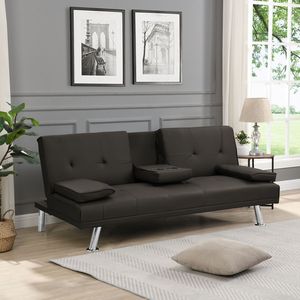 Divano letto in PVC marrone con struttura in legno scuro e gamba in stile Futon in acciaio inossidabile - Product Image 2