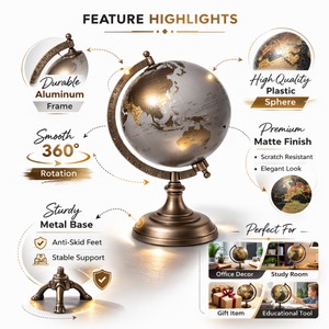 Globo Terráqueo Decorativo de Metal |   Mapa Geográfico Político Detallado |   Base Negra Resistente |   Globo Terráqueo de Estudio para Estudiantes y Decoración de Oficina - Product Image 2