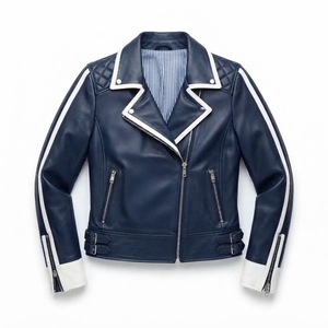 <b>Women's</b> Genuine <b>Leather</b> <b>Moto</b> <b>Jacket</b> Full Sleeve Zipper Spread Collar Quilted Autumn Outerwear - Product Image 1