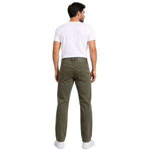 Jean en denim vert olive pour homme, coupe droite, coupe classique, pantalon décontracté tendance, cinq poches, streetwear, avec logo en cuir - Product Image 2