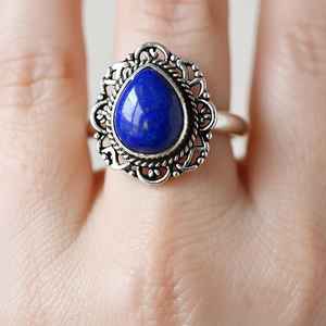 925 Sterling Silver Boho Vintage-Inspired Handmade Statement <b>Ring</b> Natural <b>Lapis</b> <b>Lazuli</b> Pear Gemstone Fine Bohemian Jewelry - Product Image 2