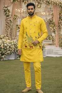 Conjunto de Kurta Koti de Satén Malai Premium para Hombre con Bordados Elaborados y Pijama - Product Image 4