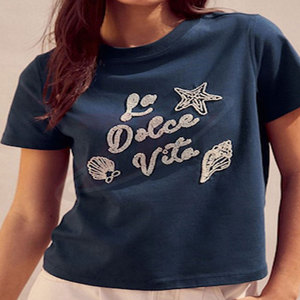 Camiseta de Mujer Azul Marino con Bordado La Dolce Vita, Manga Corta, Cuello Redondo, Corte Regular, Informal, 100% Algodón, Primavera Verano - Product Image 4