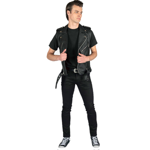 Men's Black Leather-Style Moto Vest With Zipper Closure And Pockets Regular Length Outer Wear Men's summer outerwear Solid color - Product Image 2