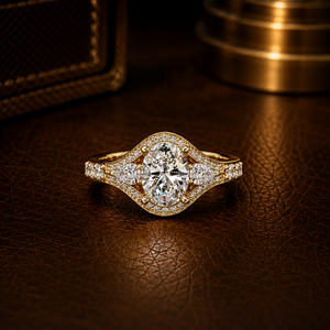 Anillo de compromiso de oro de 14K con diamante ovalado de 2.00 ct cultivado en laboratorio, estilo Art Deco, con halo y piedras laterales en forma de pera, para mujer, joyería fina, venta al por mayor. - Product Image 1