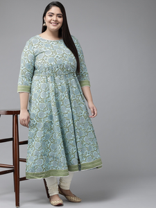 Kurti Anarkali en coton bleu avec col rond et manches trois quarts pour femmes grandes tailles, tenue élégante pour tous les jours - Product Image 3